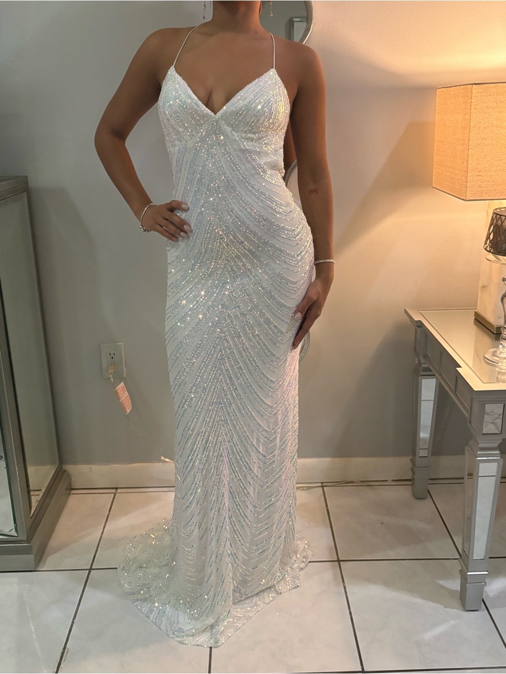 White Sequin Spaghetti Strap Prom Gown
